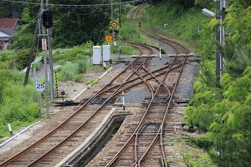 写真15.13　出雲坂根駅のスイッチバック線路(分岐ポイント)，右側が2段目スイッチバック線路.jpg